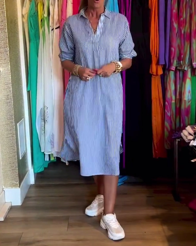 Striped printed lapel casual dress