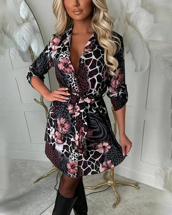 Leopard Floral Printed Shirt Dress