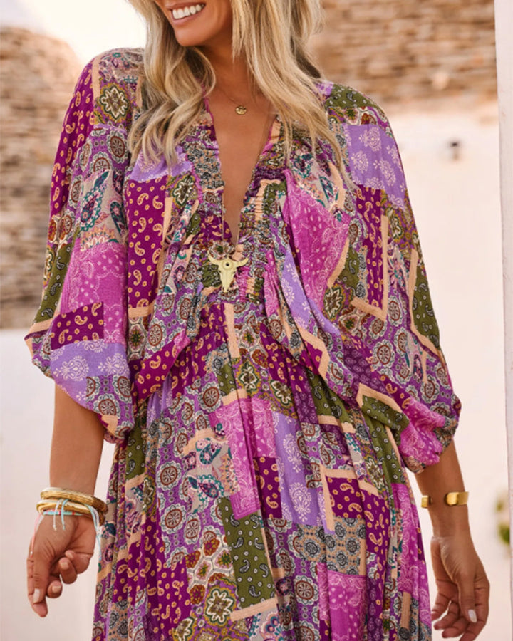 Boho Vacation V Neck Lantern Sleeve Dress
