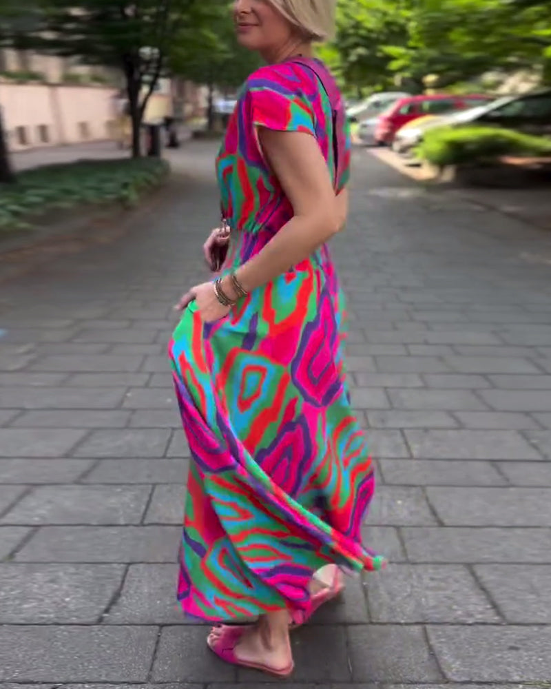 Colorful printed V-neck raglan sleeves long dress