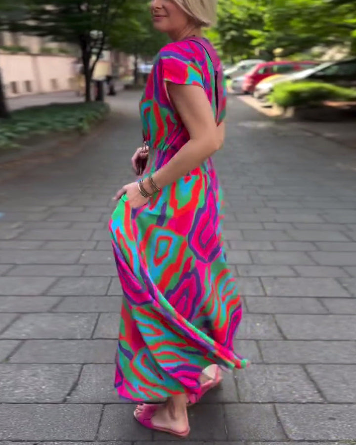 Colorful printed V-neck raglan sleeves long dress
