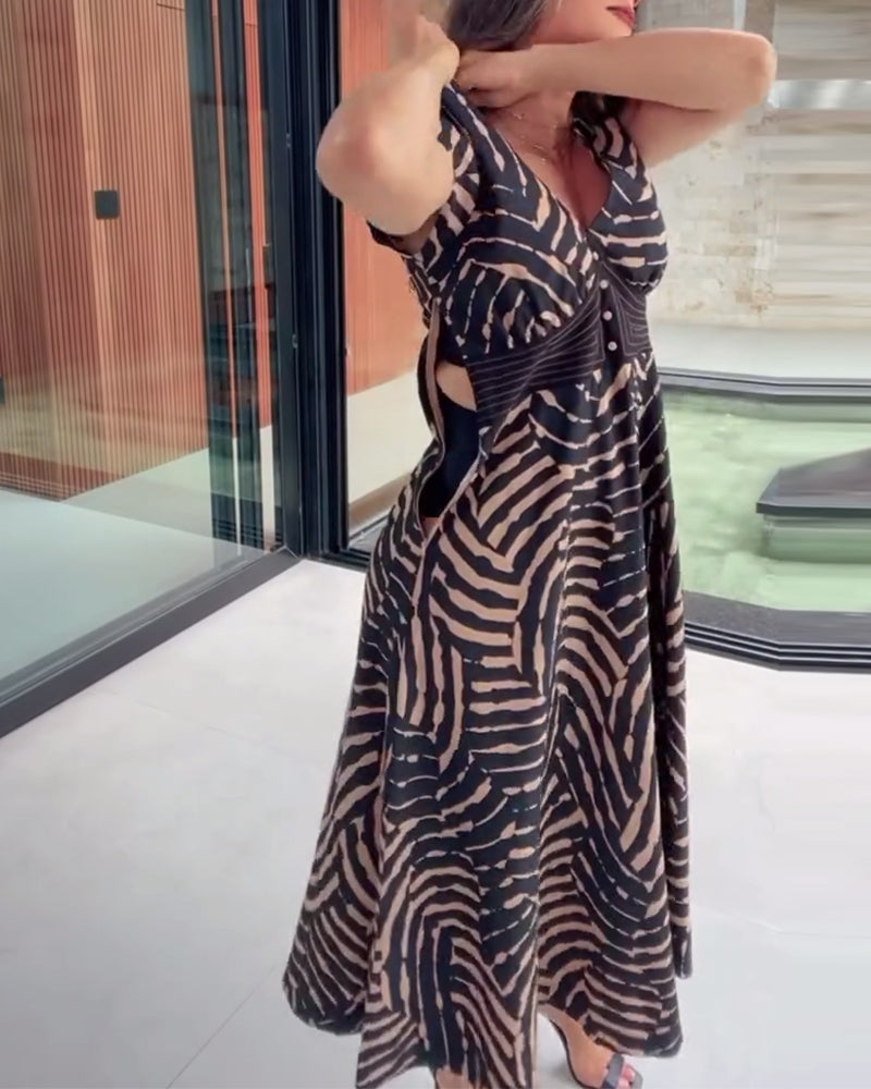V-Neck Printed Dress With Lotus Leaf Sleeves