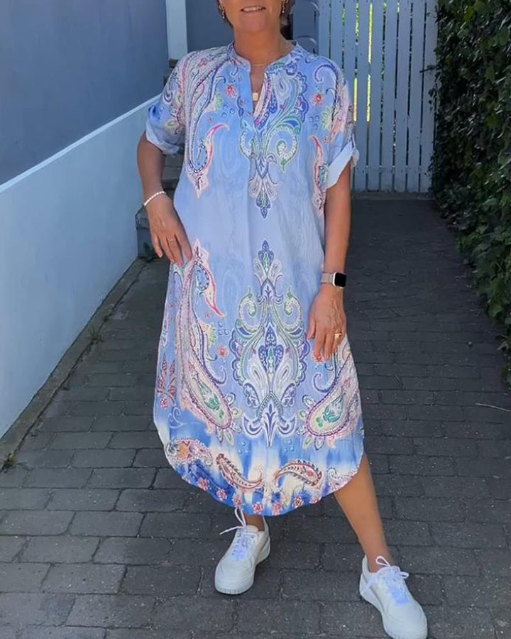 V-neck fold sleeve printed dress
