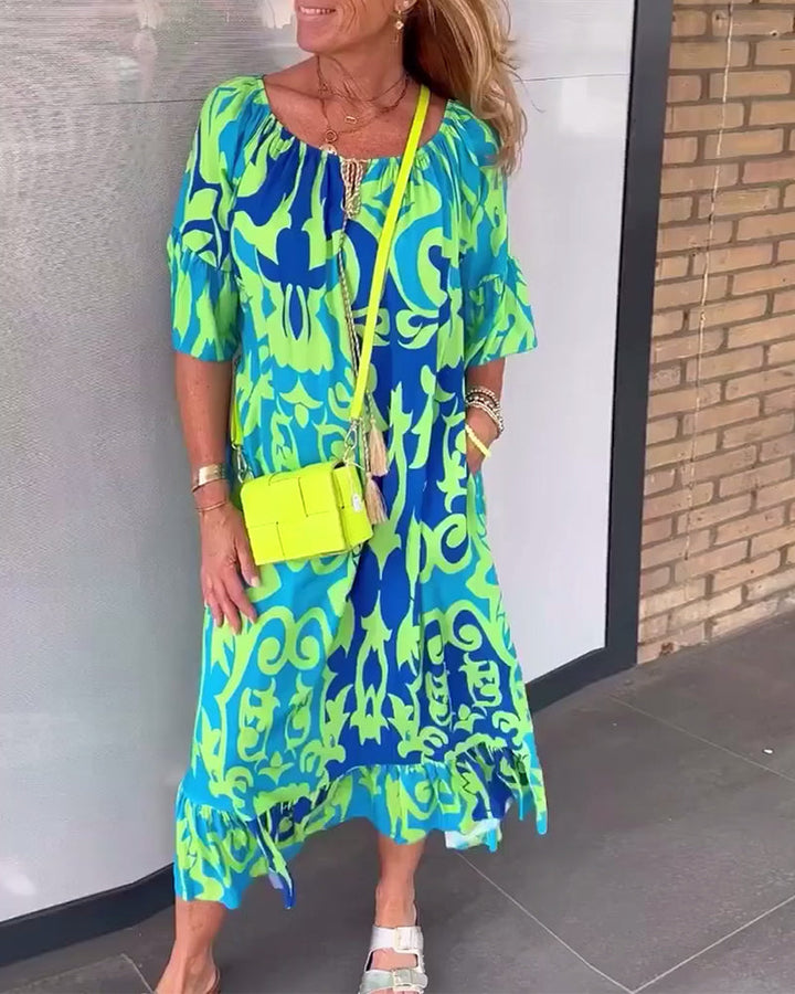 Bell Sleeve Holiday Print Dress