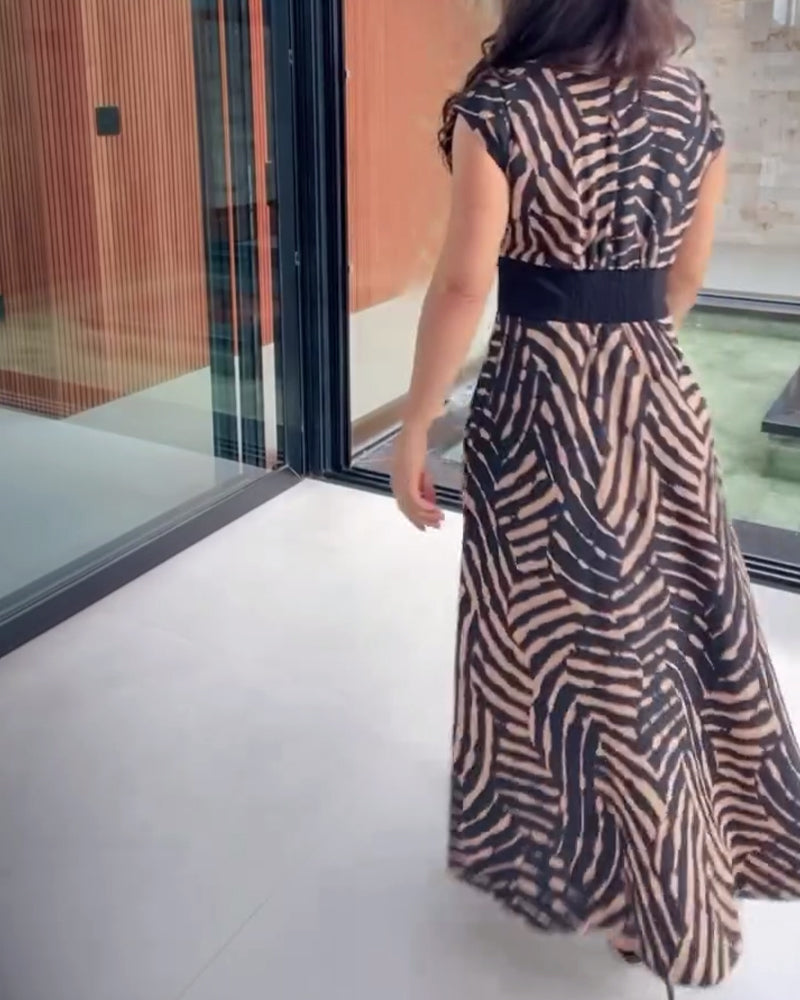 V-Neck Printed Dress With Lotus Leaf Sleeves