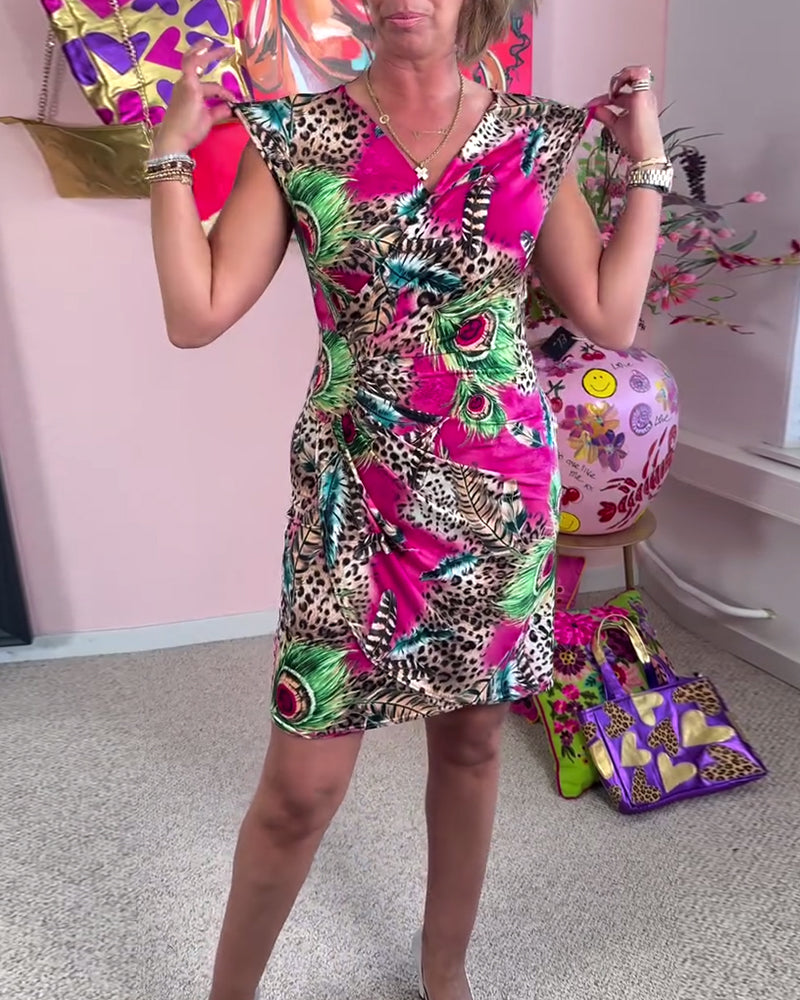 V-Neck Crossover Wrap Leopard Print Dress