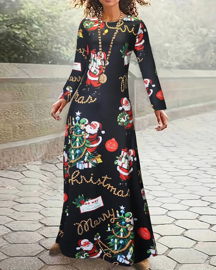 Slim Christmas Printed Long Sleeve Dress