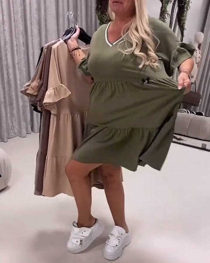 V-Neck Ruffle Sleeve A-Line Dress