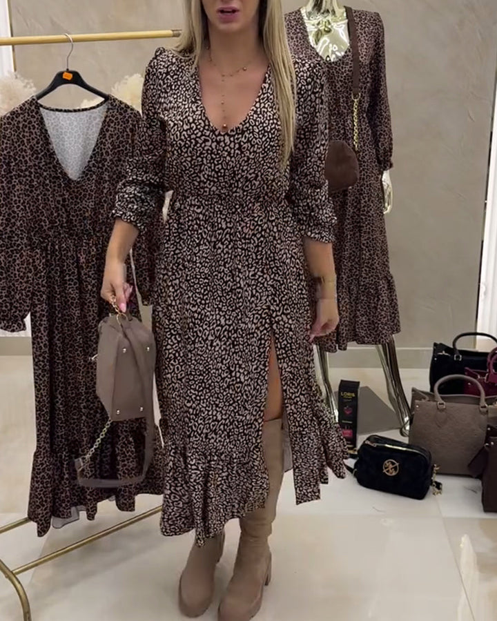 V-Neck Fashionable Leopard Print Dress