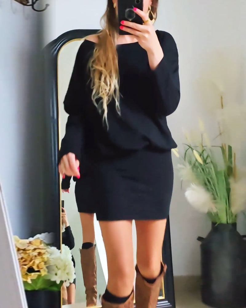 Fashion solid color round neck hip-wrapped long sleeve dress
