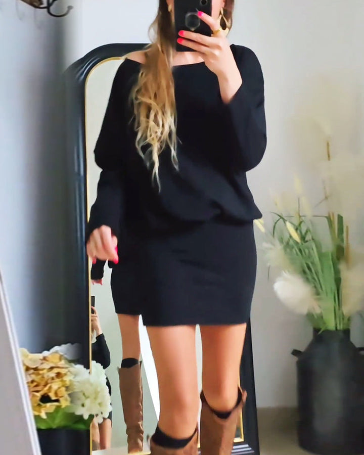 Fashion solid color round neck hip-wrapped long sleeve dress