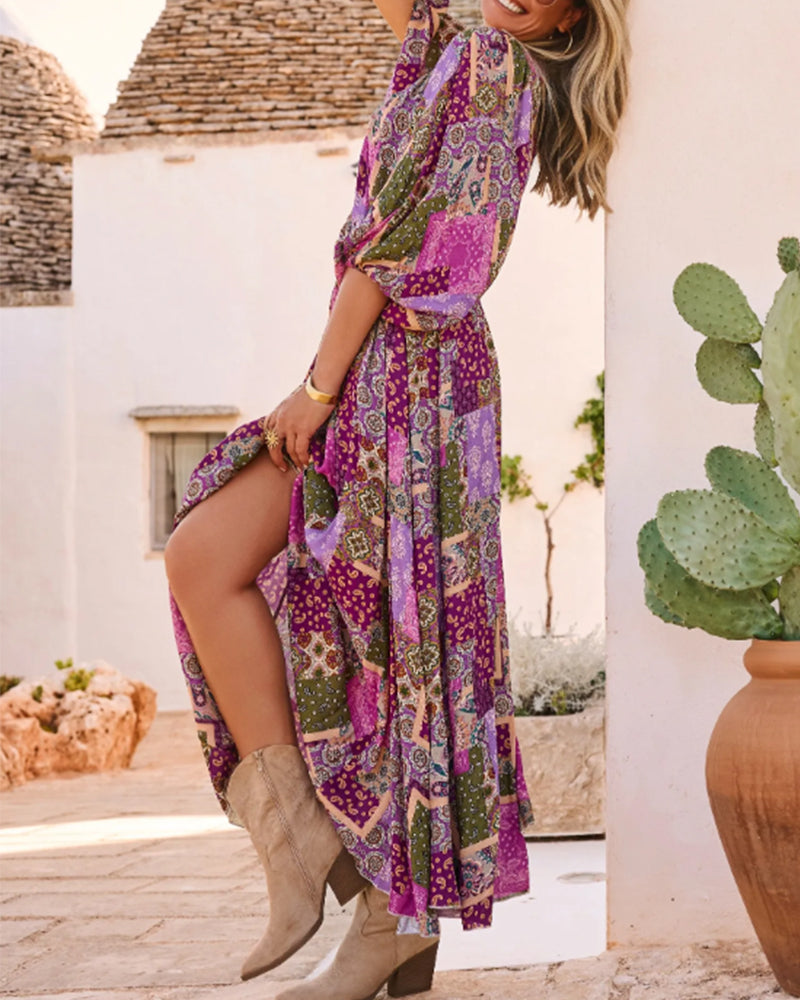 Boho Vacation V Neck Lantern Sleeve Dress