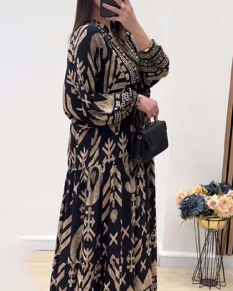 V-neck long-sleeved printed dress