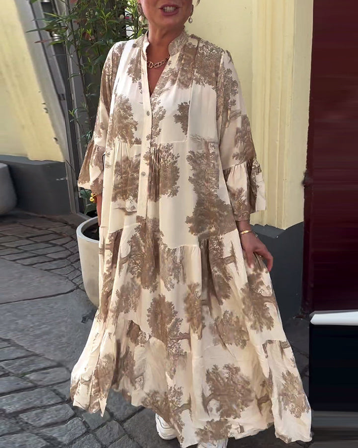 Loose printed V-neck bell sleeve patchwork dress