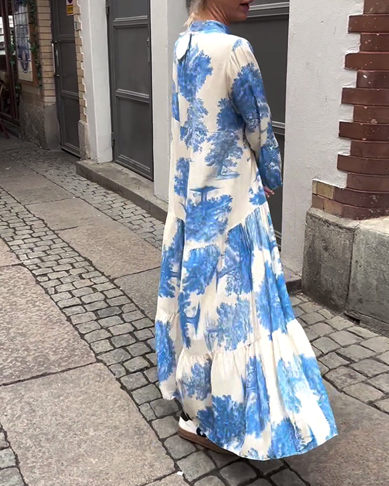 Loose printed V-neck bell sleeve patchwork dress