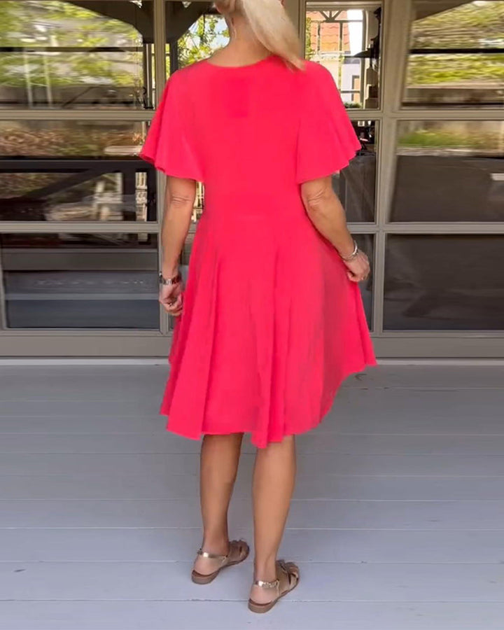 Solid color V-neck waisted butterfly sleeve casual dress