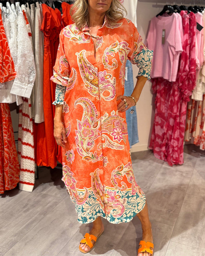 Stand Collar Long Sleeve Cashew Print Dress