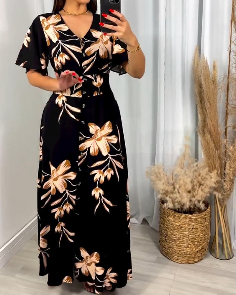 V-Neck Floral Print Waist Dress