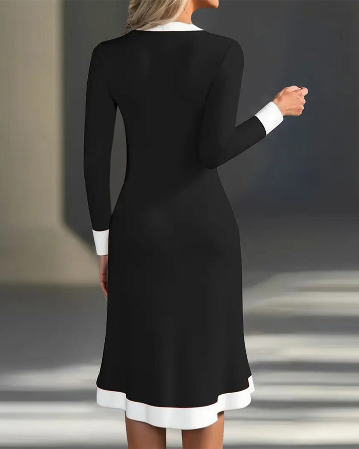 Long Sleeve Contrast Color Elegant Dress