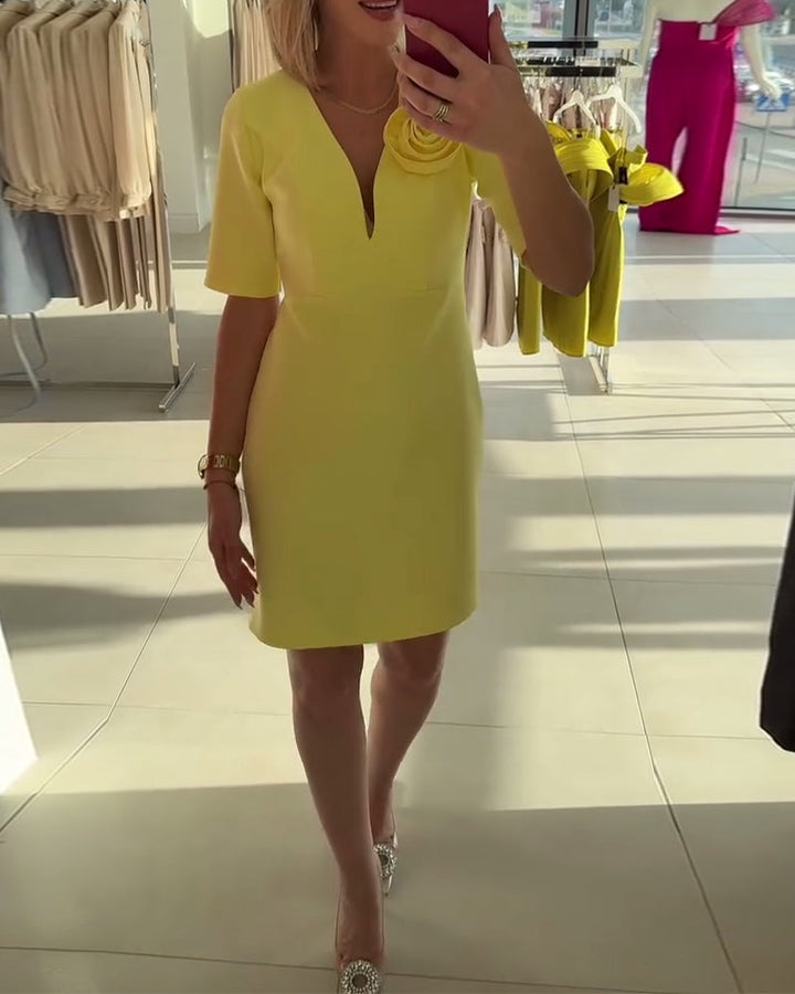 Elegant Handmade Flower Solid Color Dress