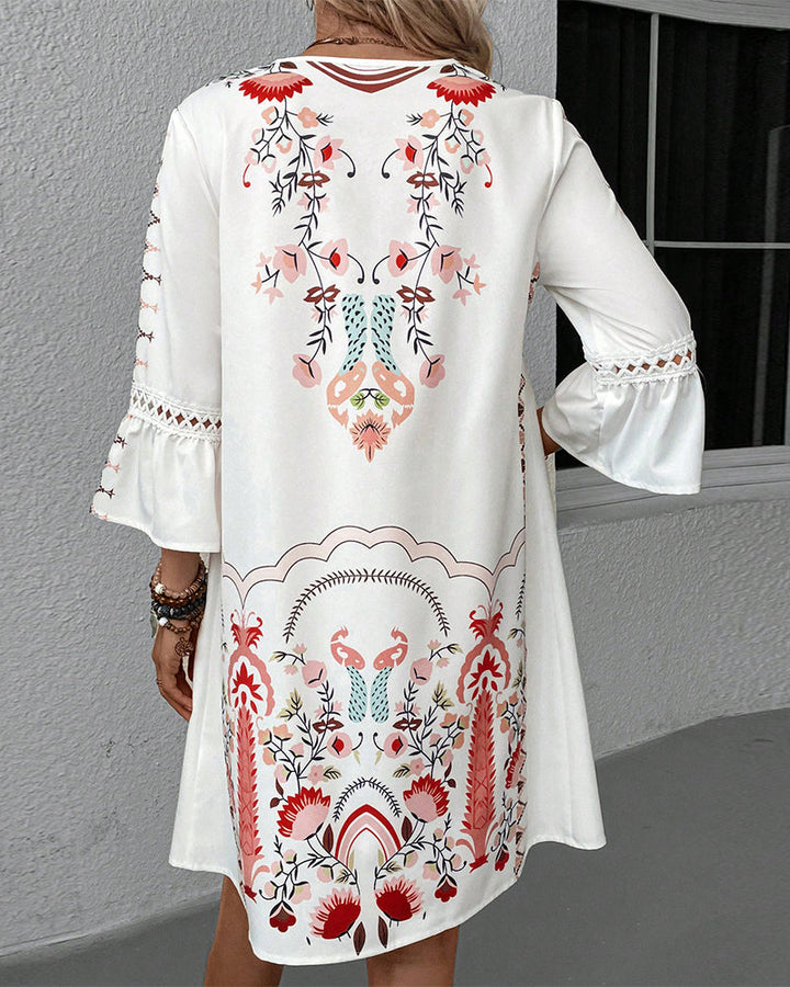 V-neck Lace Stitching Casual Versatile Printed Dress