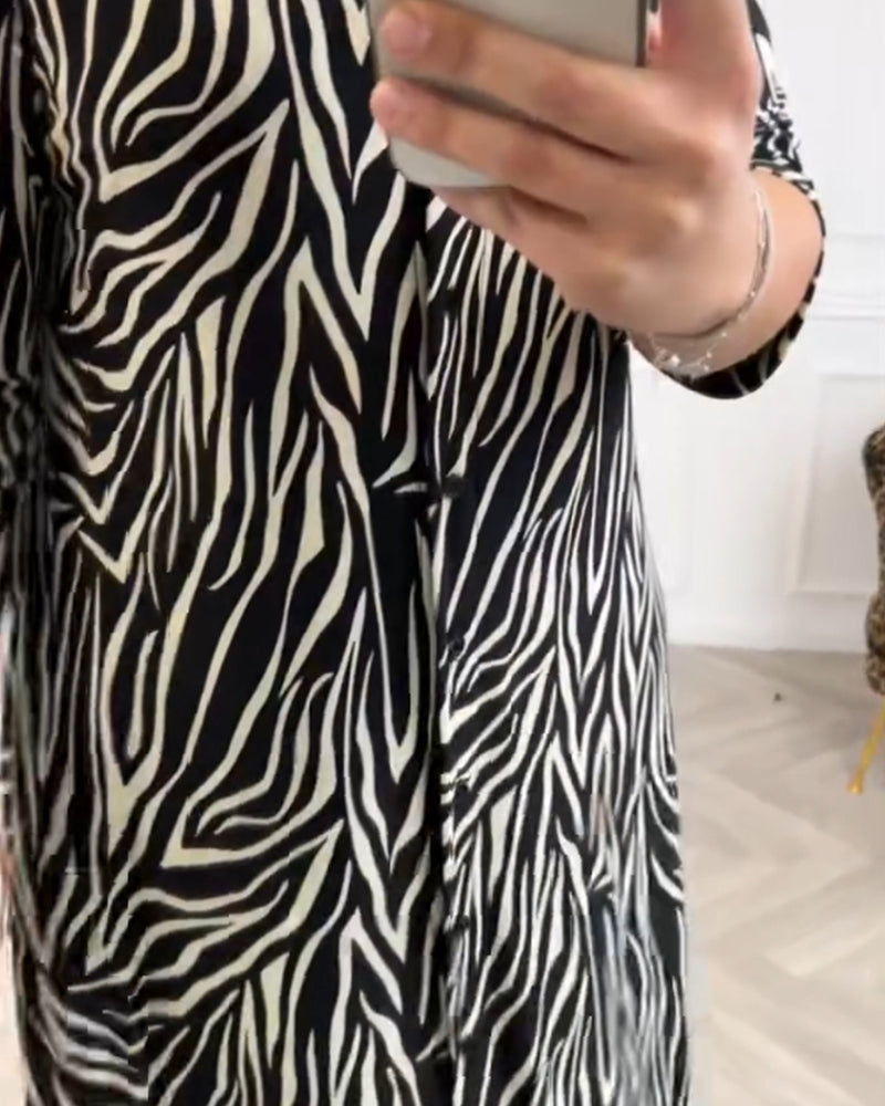 Zebra print lapel casual dress