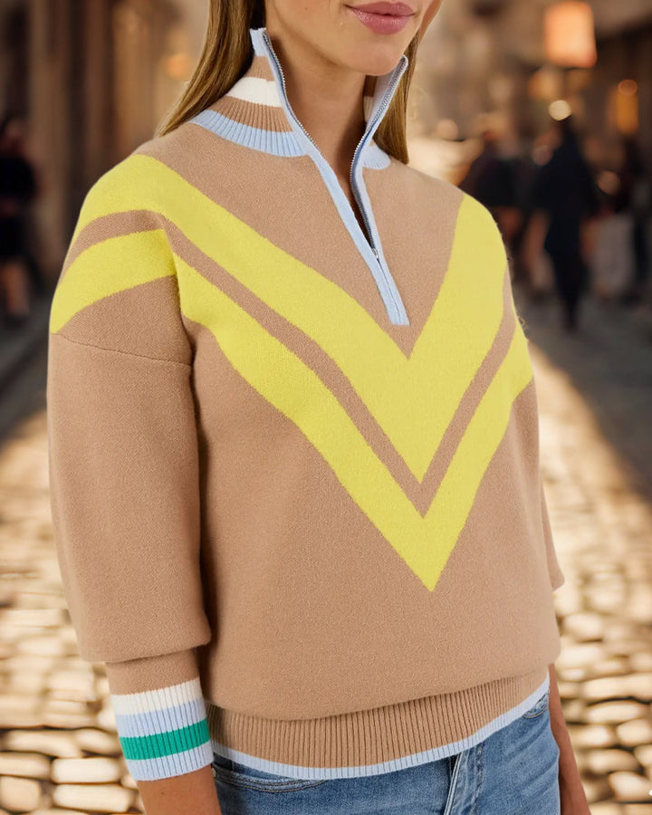 Half-Zip Collar Contrast Color Pullover