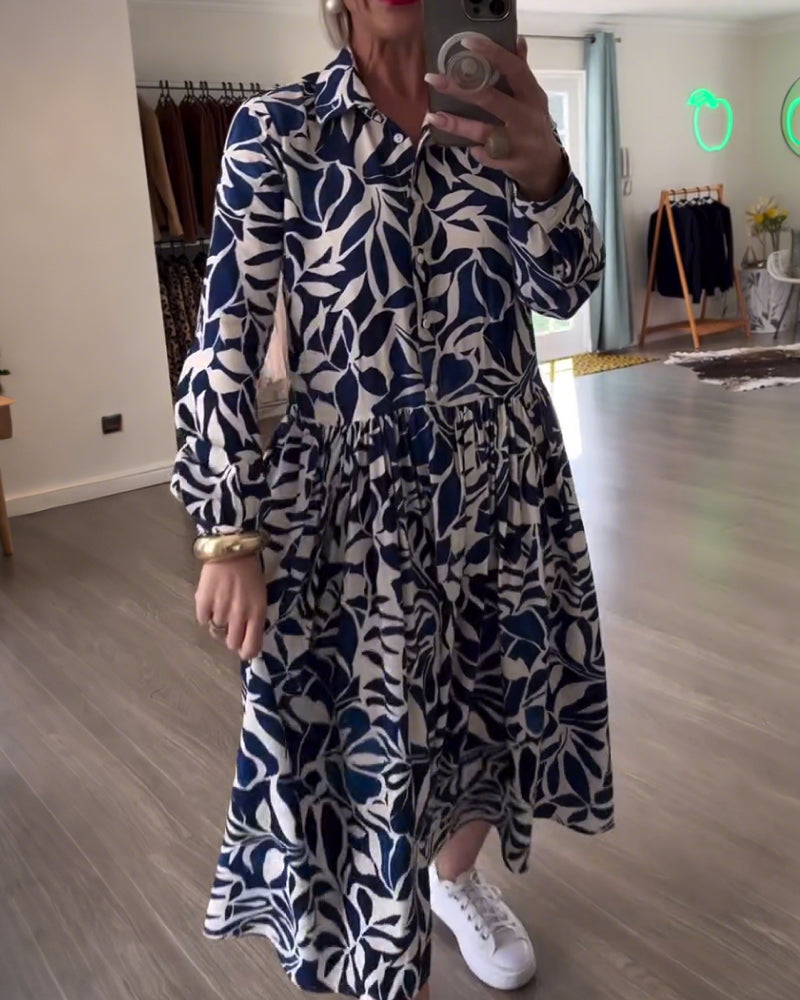 Long-Sleeved Leaf Print Dress