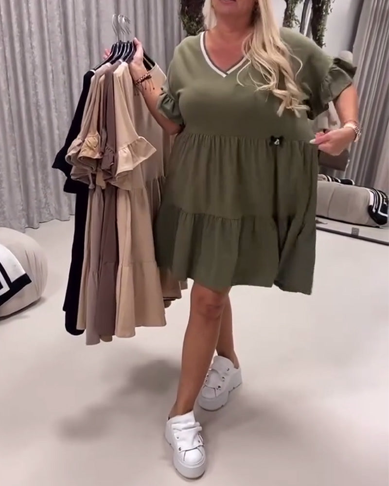 V-Neck Ruffle Sleeve A-Line Dress