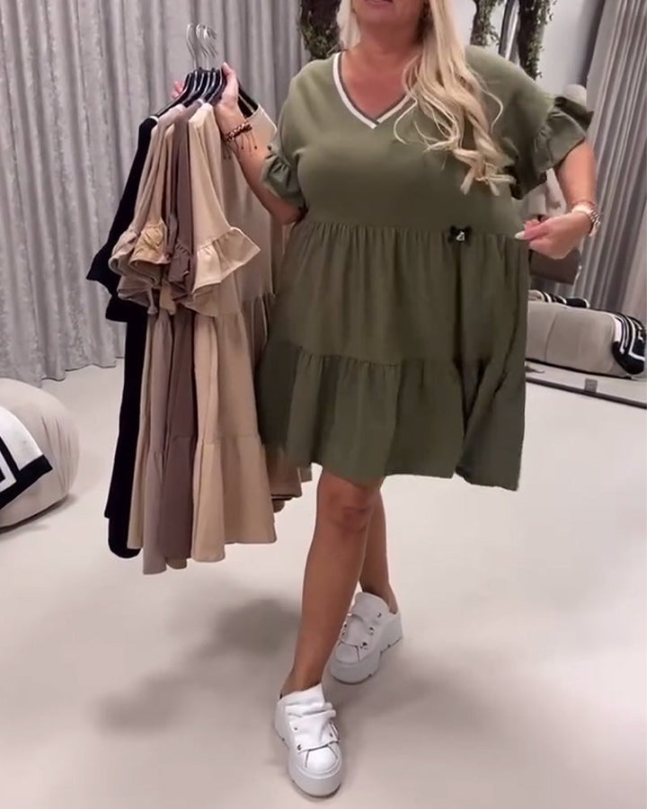 V-Neck Ruffle Sleeve A-Line Dress