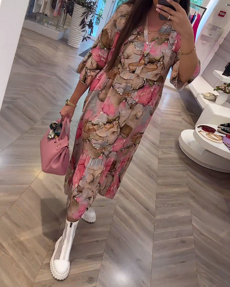 V-neck printed gentle loose dress