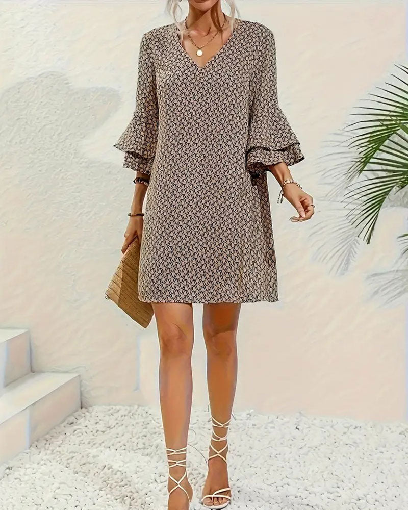 Three-Quarter Bell-Sleeve Printed Dress