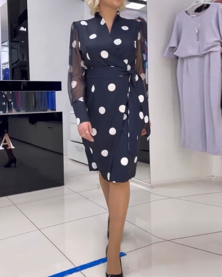 Polka dot print see-through long-sleeve dress
