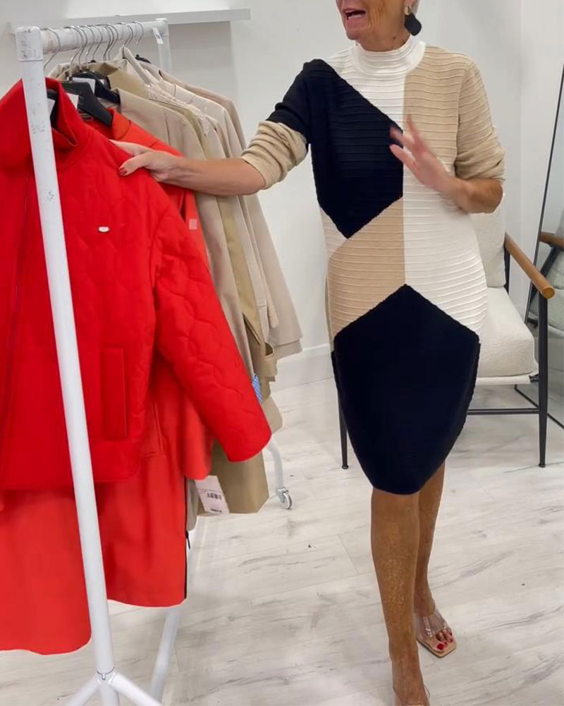 High-Neck Color-Block Sweater Dress