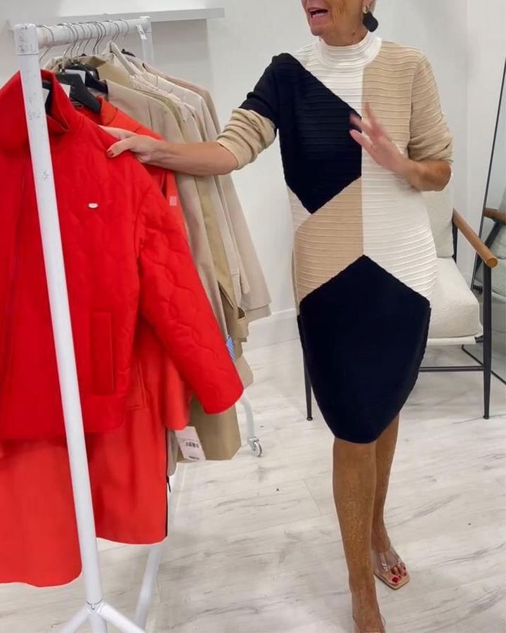 High-Neck Color-Block Sweater Dress