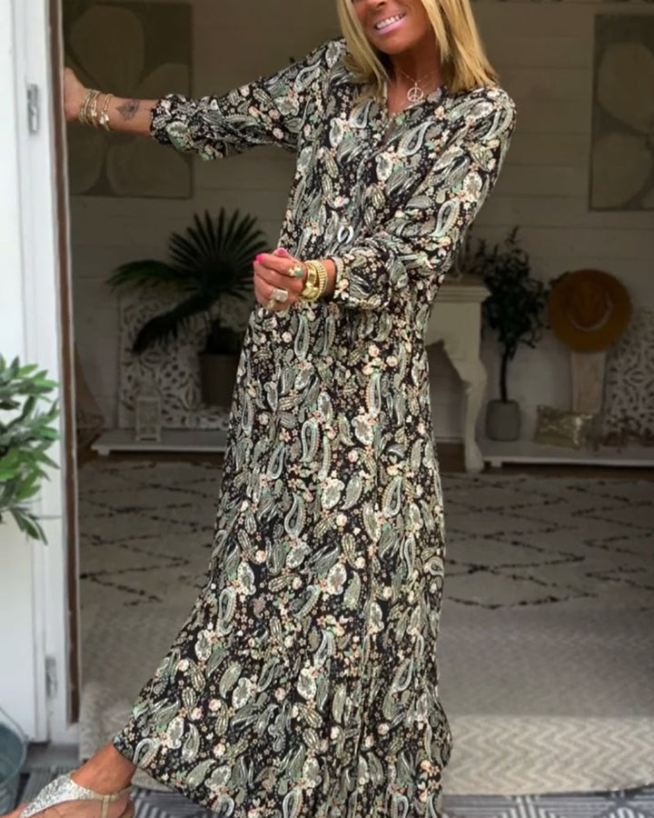 Print v-neck long sleeve dress