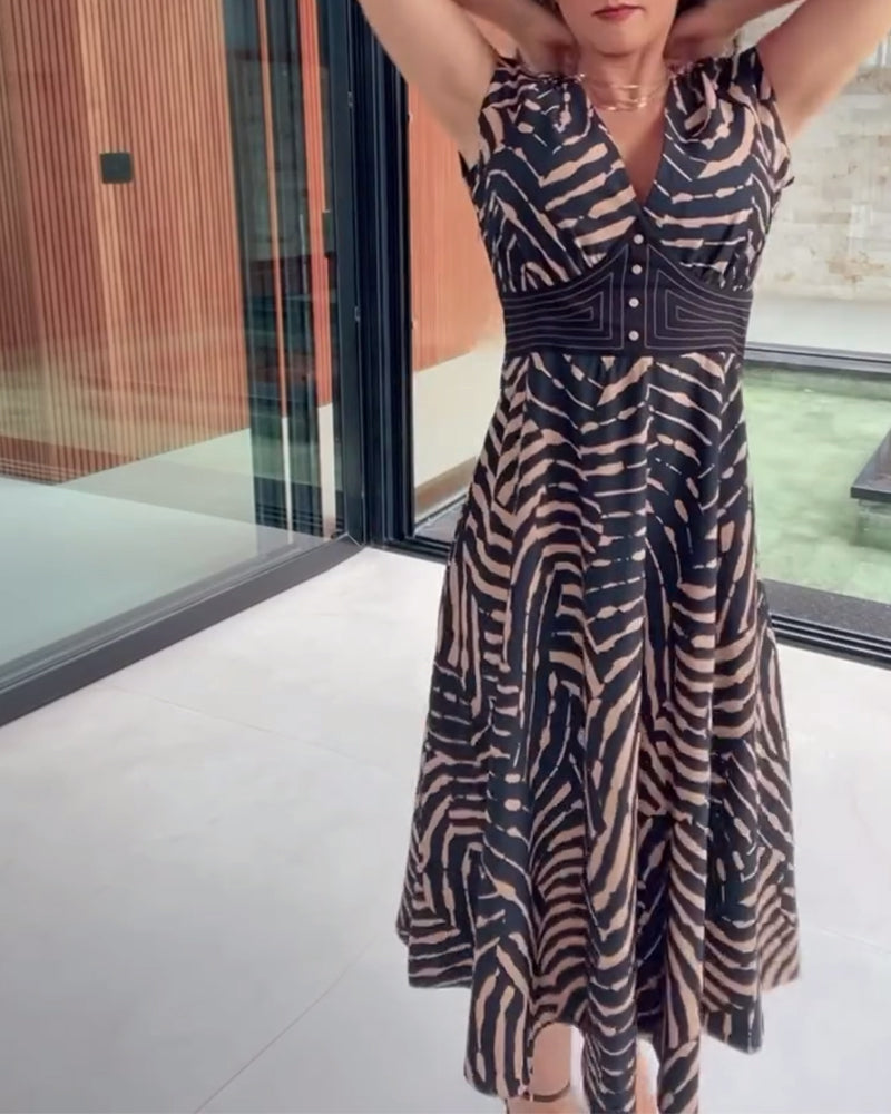V-Neck Printed Dress With Lotus Leaf Sleeves