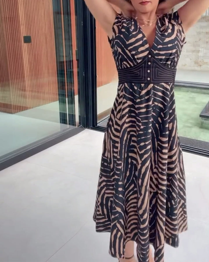 V-Neck Printed Dress With Lotus Leaf Sleeves