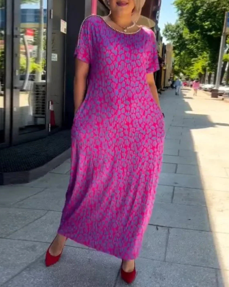 Temperament Short-Sleeved Drape Print Dress