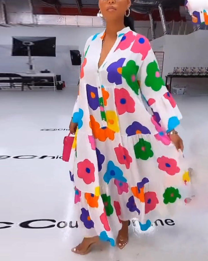 Colorful flower print bell sleeve casual dress