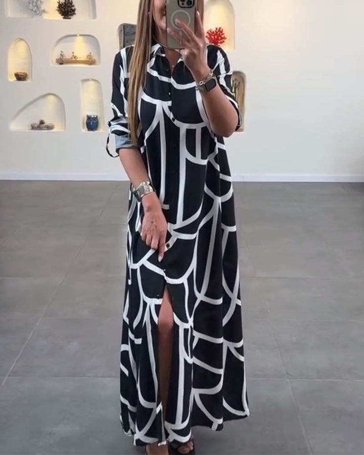 Contrast printed lapel long slit dress