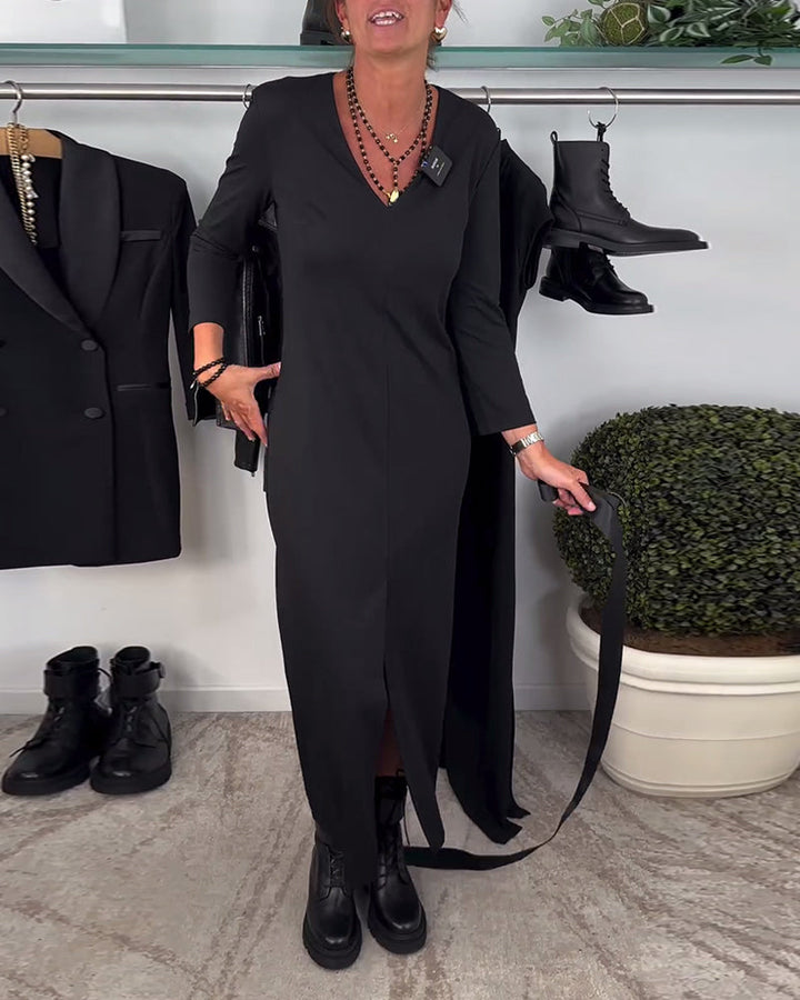 Fashion solid color V-neck slit dress