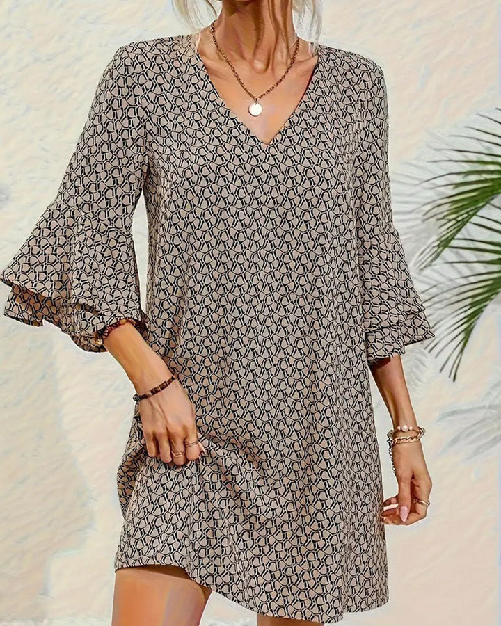 Three-Quarter Bell-Sleeve Printed Dress