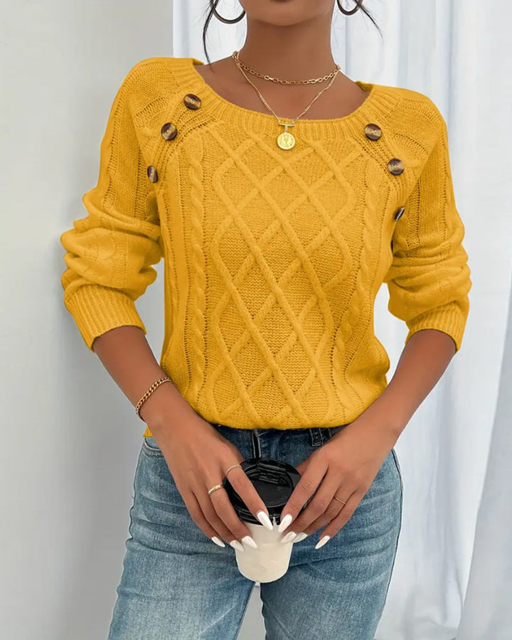 Solid Raglan Sleeve Buckle Cable Knit Jumper