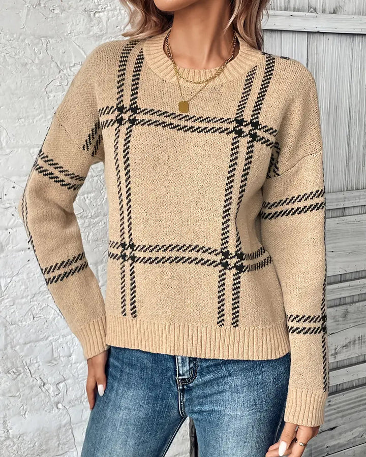 Long-Sleeved Plaid Pullover Sweater