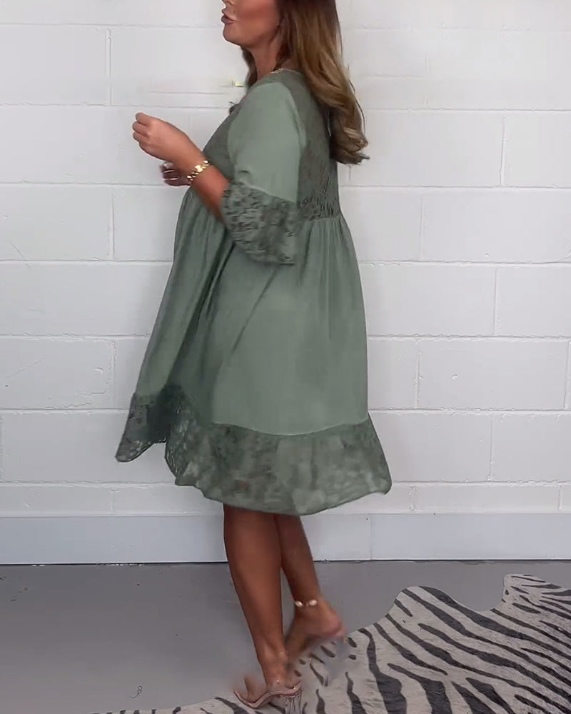 Elegant solid color lace loose V-neck dress