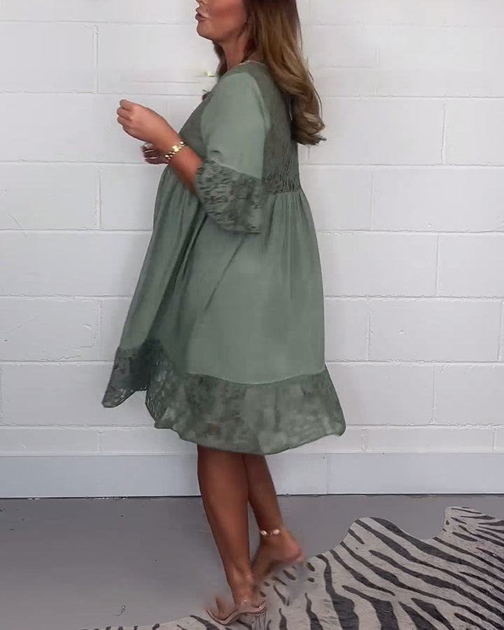 Elegant solid color lace loose V-neck dress