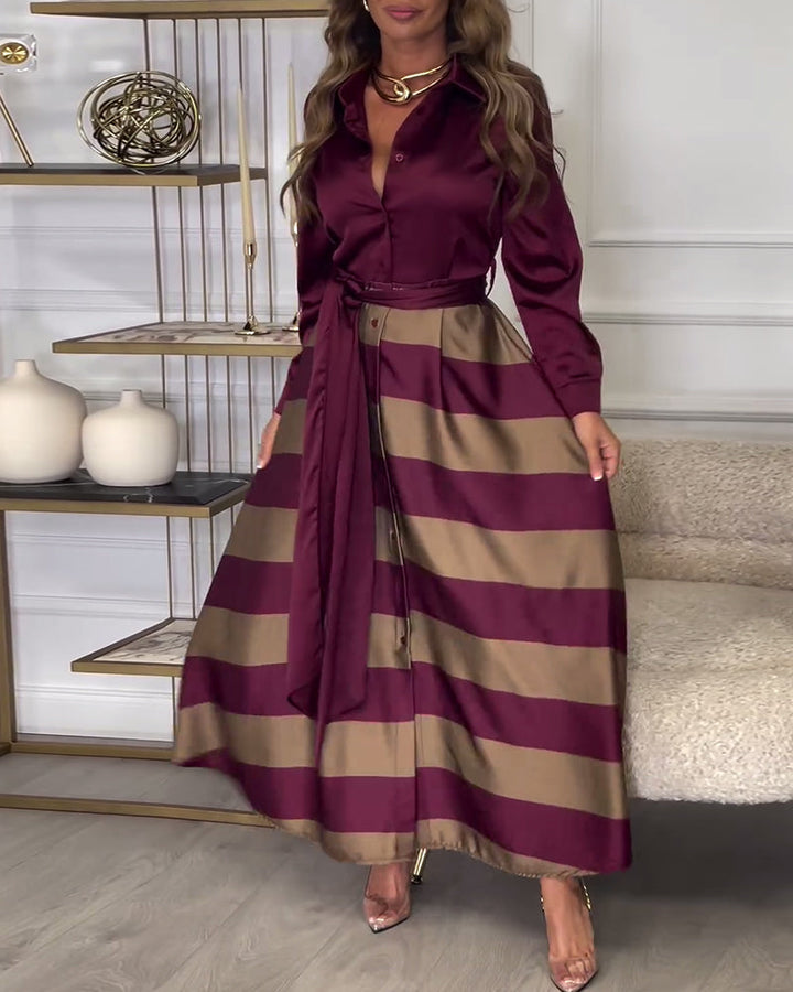 Elegant striped printed lapel strap dress