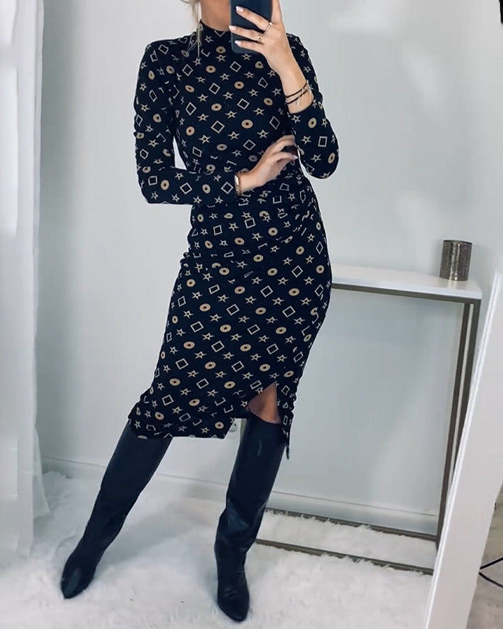 Elegant high neck geometric print dress