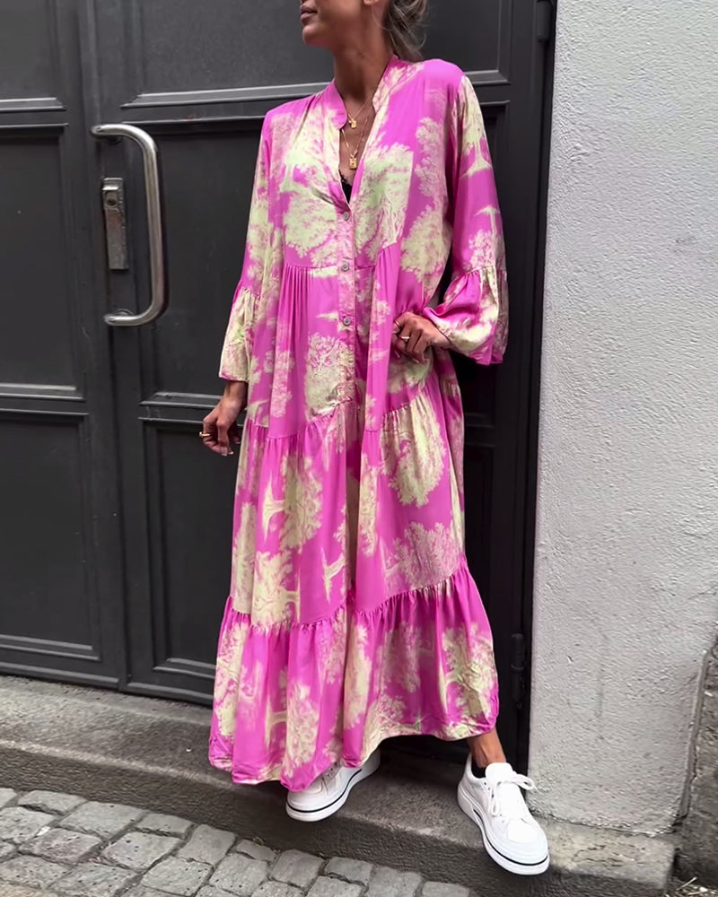 Loose printed V-neck bell sleeve patchwork dress